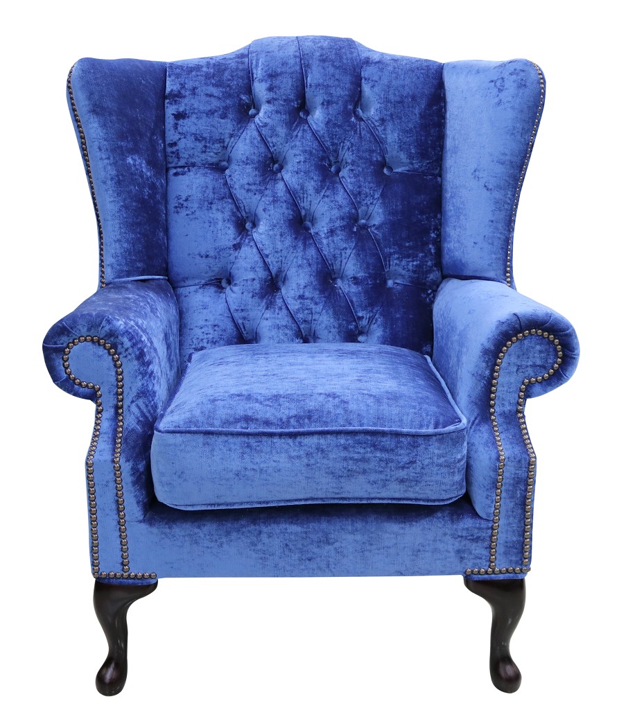 Product photograph of Chesterfield High Back Wing Chair Modena Blueberry Velvet Fabric In Mallory Style from Chesterfield Sofas