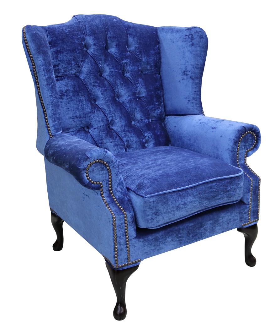 Product photograph of Chesterfield High Back Wing Chair Modena Blueberry Velvet Fabric In Mallory Style from Chesterfield Sofas.