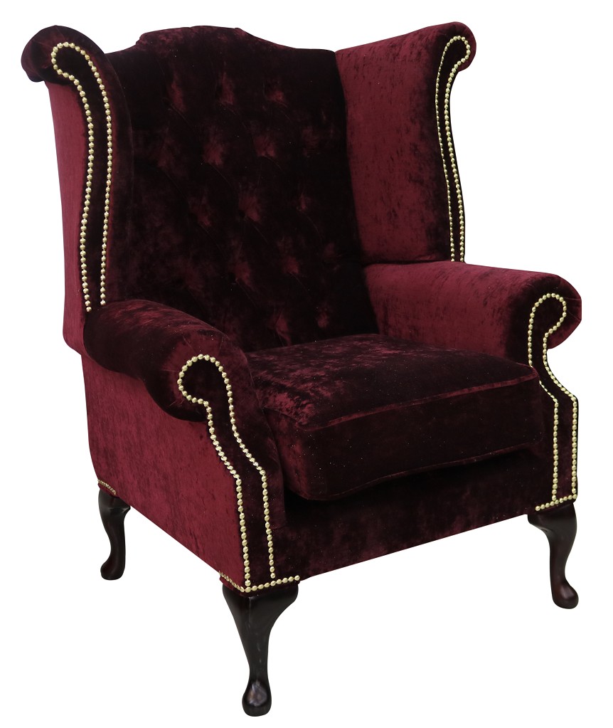 Product photograph of Chesterfield High Back Wing Chair Modena Bordeaux Velvet In Queen Anne Style from Chesterfield Sofas