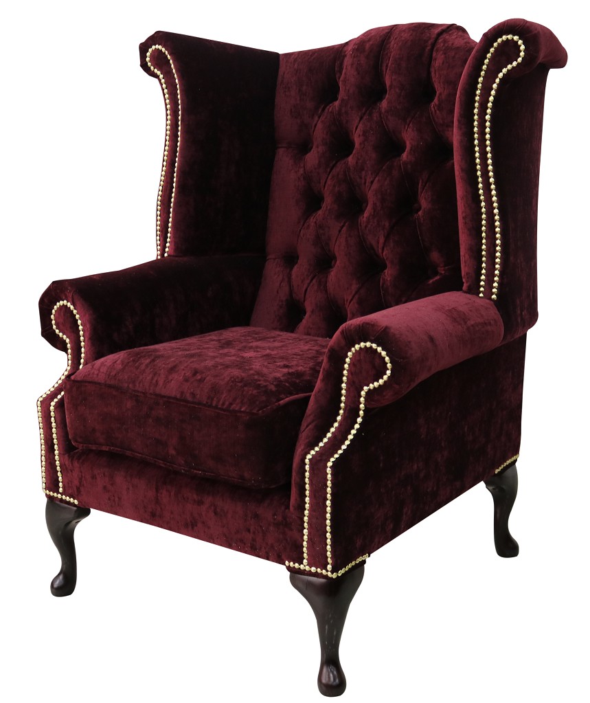 Product photograph of Chesterfield High Back Wing Chair Modena Bordeaux Velvet In Queen Anne Style from Chesterfield Sofas.