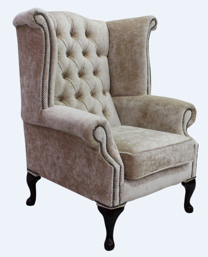 Product photograph of Chesterfield High Back Wing Chair Modena Camel Velvet In Queen Anne Style from Chesterfield Sofas.
