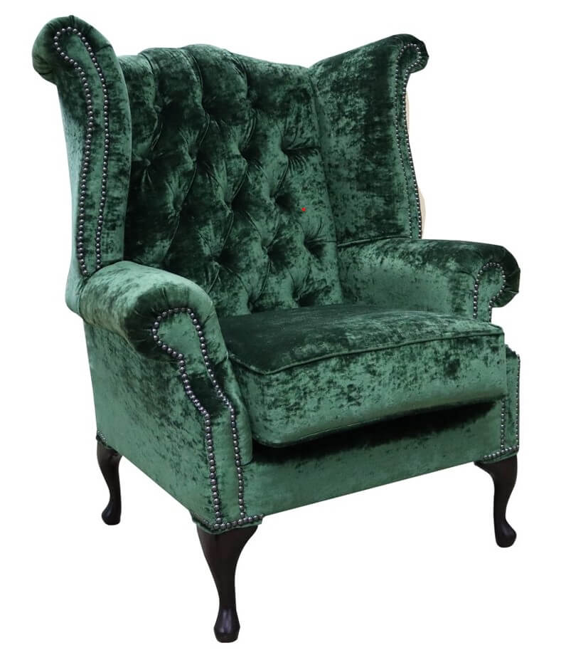 Product photograph of Chesterfield High Back Wing Chair Modena Forest Green Velvet In Queen Anne Style from Chesterfield Sofas