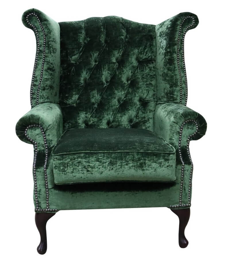 Product photograph of Chesterfield High Back Wing Chair Modena Forest Green Velvet In Queen Anne Style from Chesterfield Sofas.