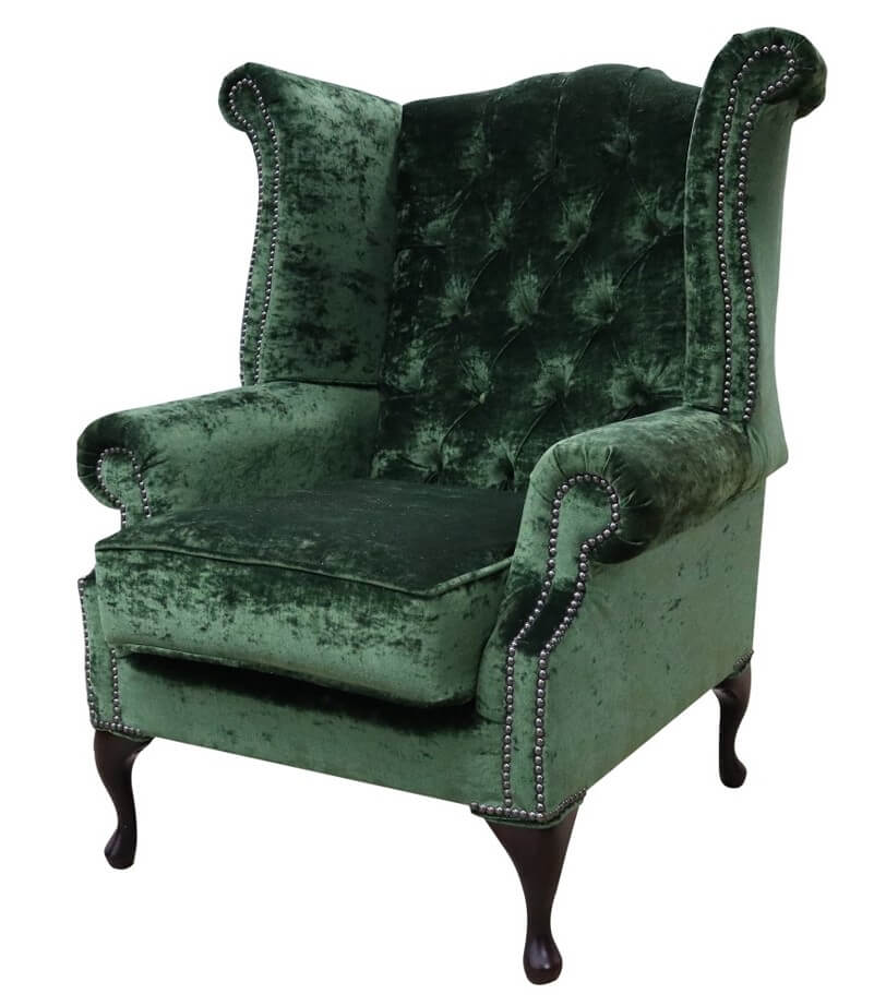 Product photograph of Chesterfield High Back Wing Chair Modena Forest Green Velvet In Queen Anne Style from Chesterfield Sofas.