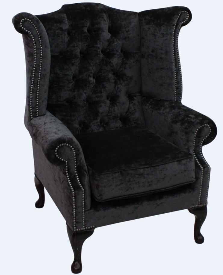 Product photograph of Chesterfield High Back Wing Chair Modena Midnight Black Velvet In Queen Anne Style from Chesterfield Sofas