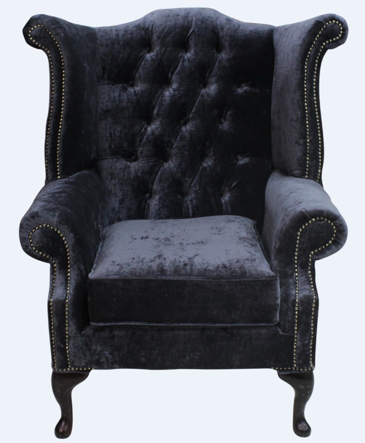 Product photograph of Chesterfield High Back Wing Chair Modena Midnight Black Velvet In Queen Anne Style from Chesterfield Sofas.
