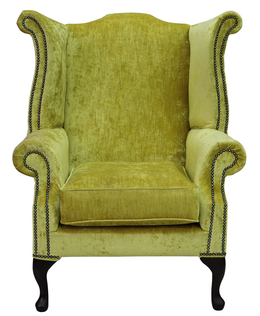 Product photograph of Chesterfield High Back Wing Chair Modena Mustard Velvet Bespoke In Queen Anne Style from Chesterfield Sofas