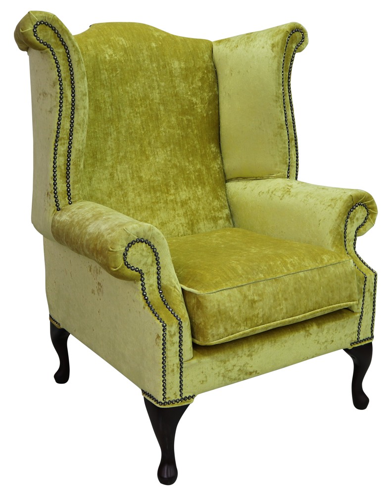Product photograph of Chesterfield High Back Wing Chair Modena Mustard Velvet Bespoke In Queen Anne Style from Chesterfield Sofas.