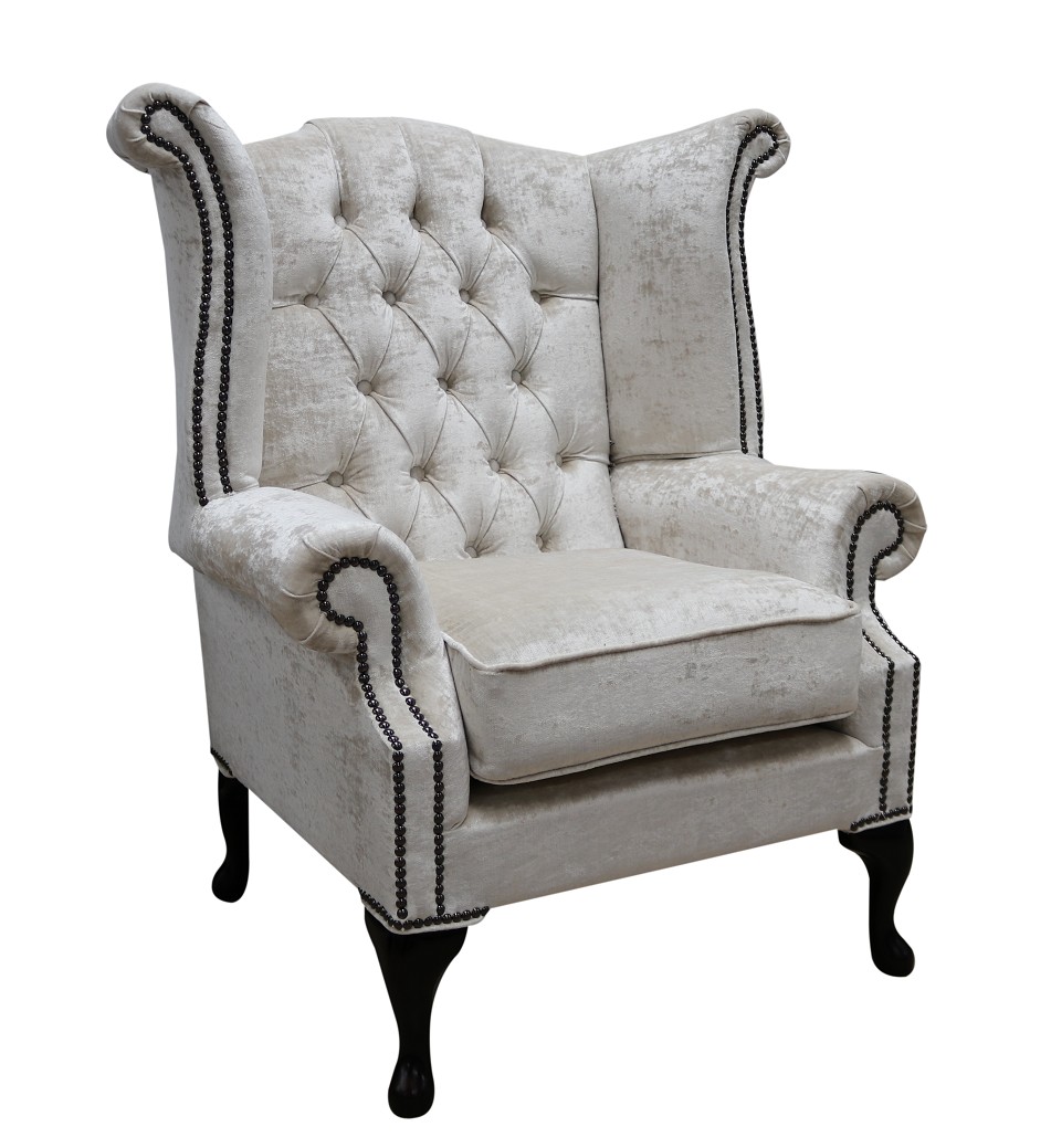 Product photograph of Chesterfield High Back Wing Chair Modena Oyster Velvet Fabric In Queen Anne Style from Chesterfield Sofas