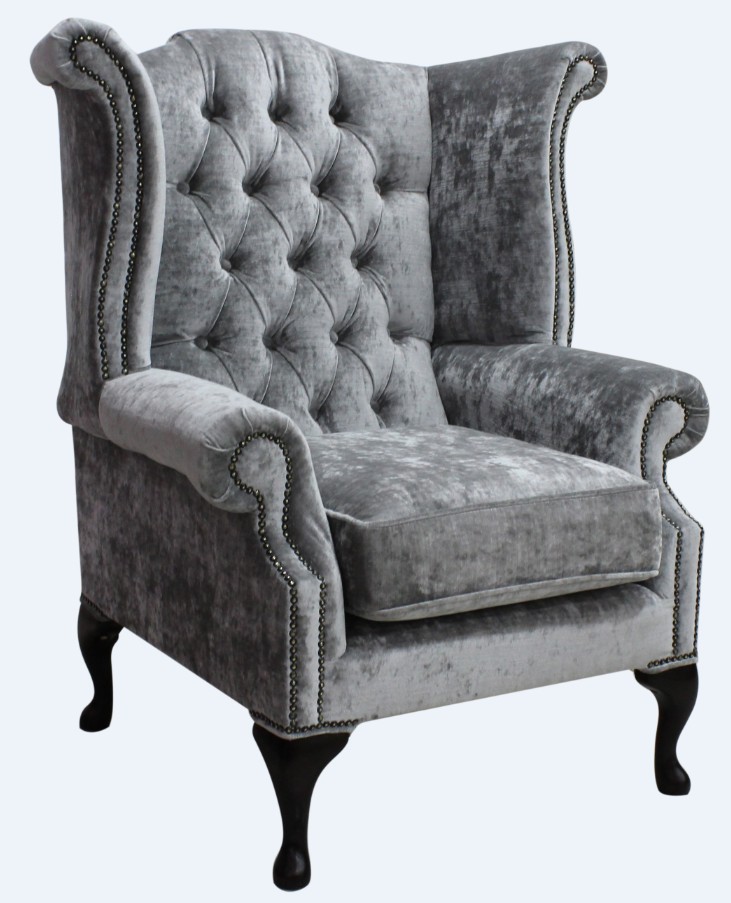 Product photograph of Chesterfield High Back Wing Chair Modena Silver Velvet Bespoke In Queen Anne Style from Chesterfield Sofas