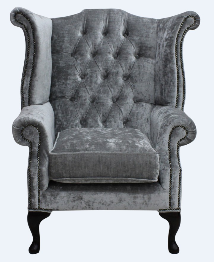Product photograph of Chesterfield High Back Wing Chair Modena Silver Velvet Bespoke In Queen Anne Style from Chesterfield Sofas.