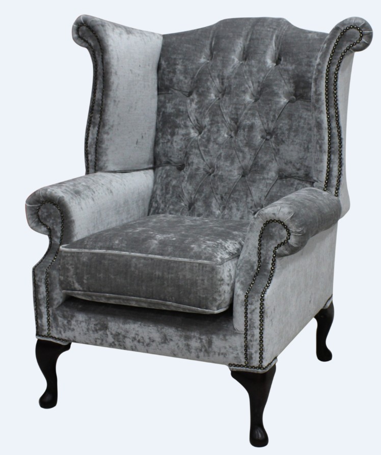 Product photograph of Chesterfield High Back Wing Chair Modena Silver Velvet Bespoke In Queen Anne Style from Chesterfield Sofas.