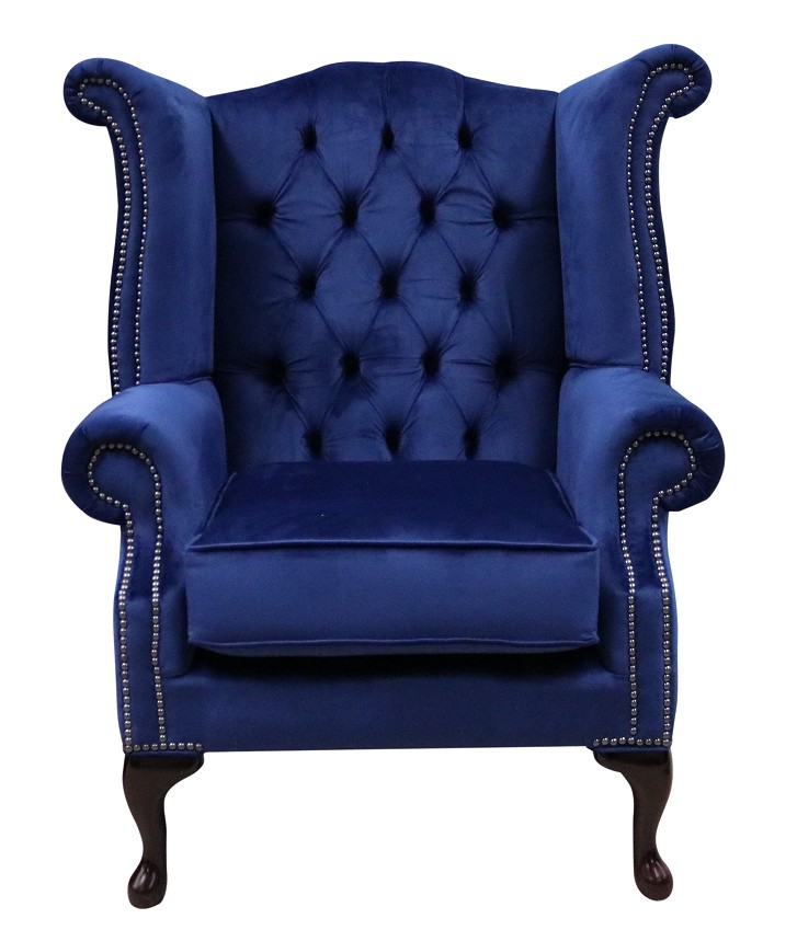 Product photograph of Chesterfield High Back Wing Chair Monaco Royal Blue Velvet Bespoke In Queen Anne Style from Chesterfield Sofas.