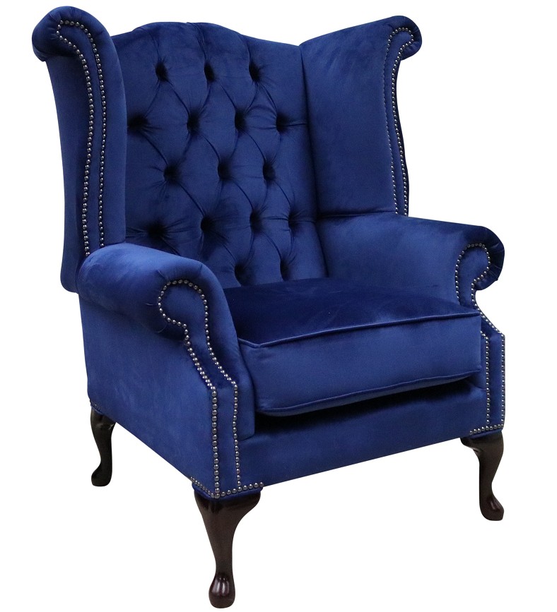 Product photograph of Chesterfield High Back Wing Chair Monaco Royal Blue Velvet Bespoke In Queen Anne Style from Chesterfield Sofas
