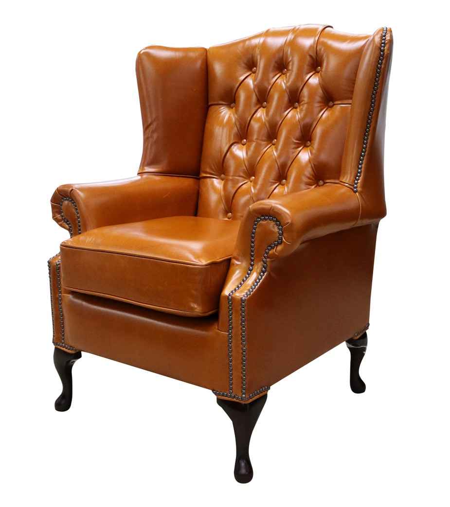 Product photograph of Chesterfield High Back Wing Chair Newcastle Spice Tan Leather In Mallory Style from Chesterfield Sofas.