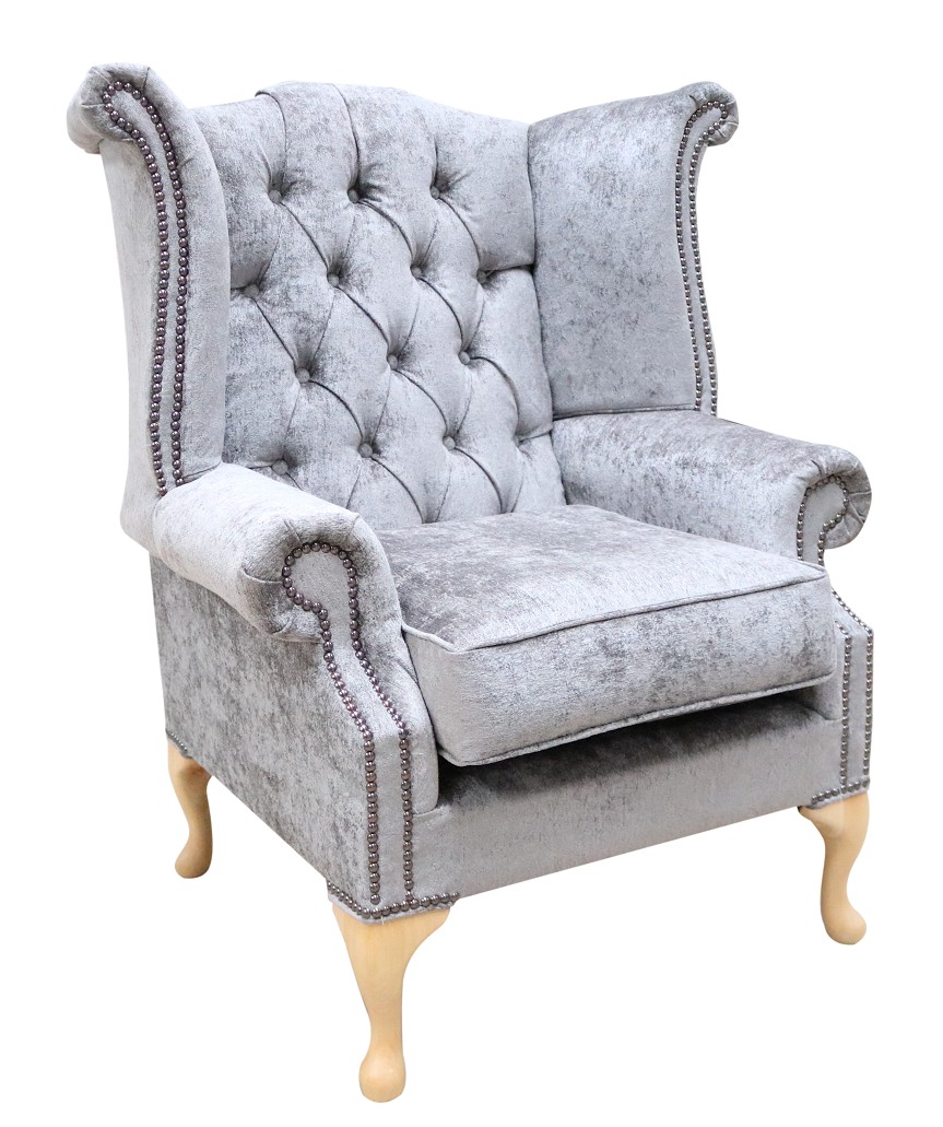 Product photograph of Chesterfield High Back Wing Chair Nuovo Ash Grey Fabric Bespoke In Queen Anne Style from Chesterfield Sofas