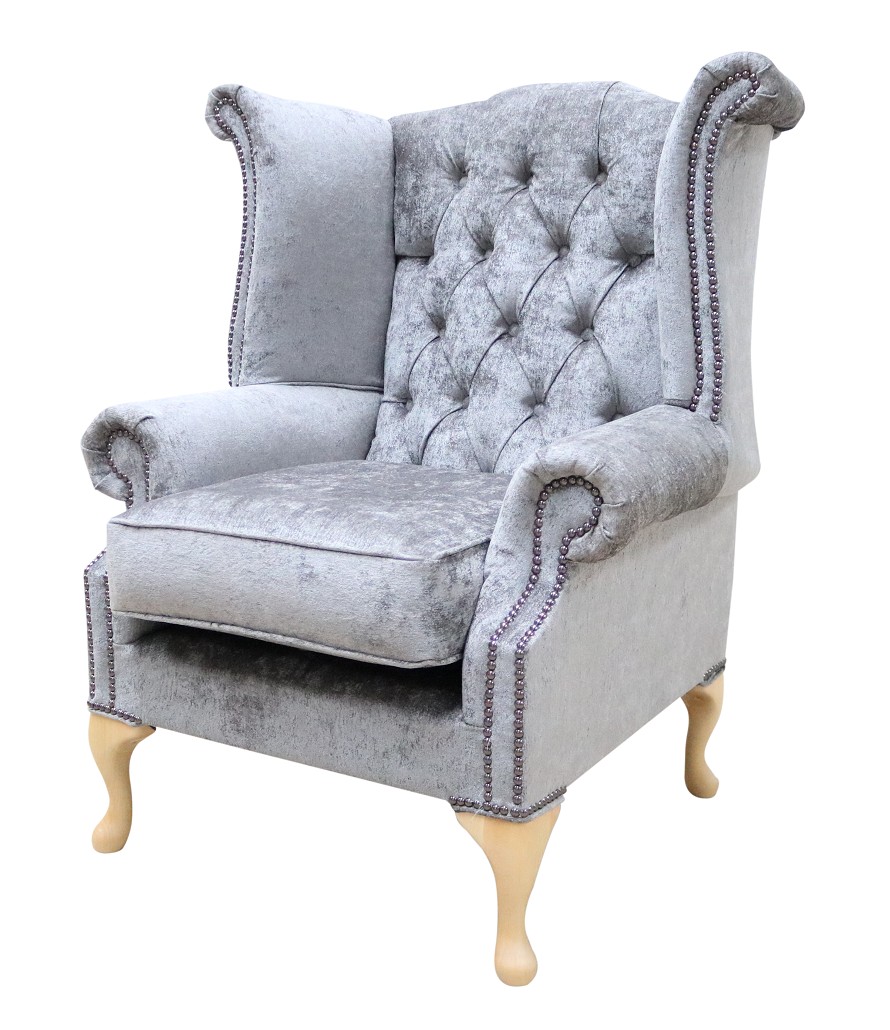 Product photograph of Chesterfield High Back Wing Chair Nuovo Ash Grey Fabric Bespoke In Queen Anne Style from Chesterfield Sofas.