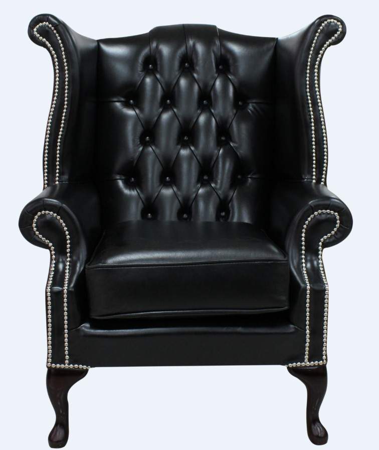 Product photograph of Chesterfield High Back Wing Chair Old English Black Leather Bespoke In Queen Anne Style from Chesterfield Sofas