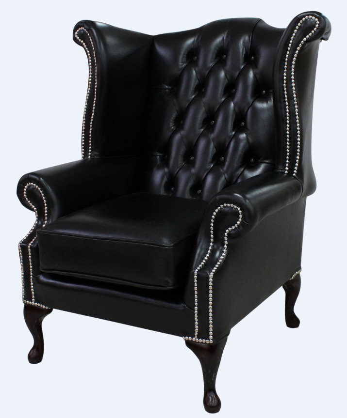 Product photograph of Chesterfield High Back Wing Chair Old English Black Leather Bespoke In Queen Anne Style from Chesterfield Sofas.