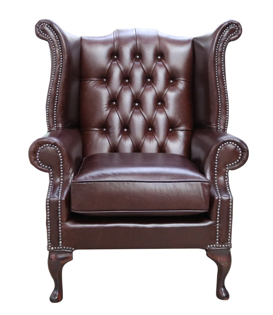 Product photograph of Chesterfield High Back Wing Chair Old English Brown Leather In Queen Anne Style from Chesterfield Sofas.