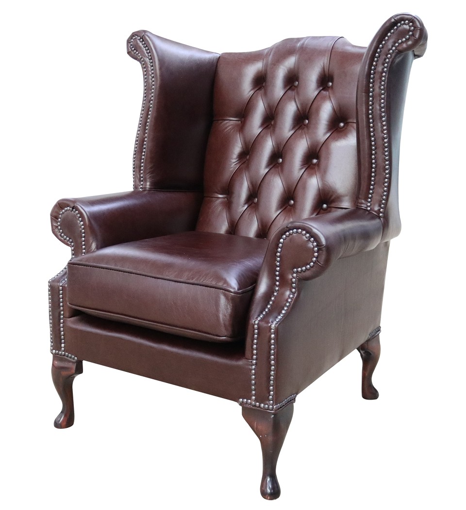 Product photograph of Chesterfield High Back Wing Chair Old English Brown Leather In Queen Anne Style from Chesterfield Sofas.