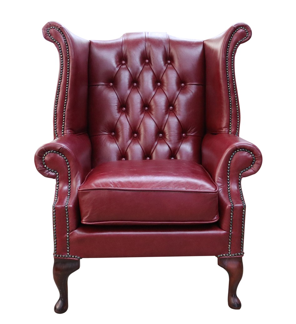 Product photograph of Chesterfield High Back Wing Chair Old English Burgandy Leather In Queen Anne Style from Chesterfield Sofas