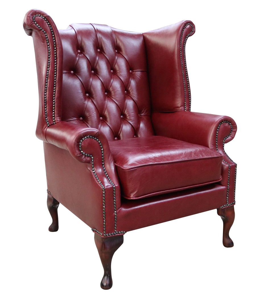 Product photograph of Chesterfield High Back Wing Chair Old English Burgandy Leather In Queen Anne Style from Chesterfield Sofas.