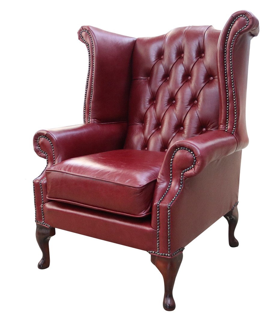 Product photograph of Chesterfield High Back Wing Chair Old English Burgandy Leather In Queen Anne Style from Chesterfield Sofas.