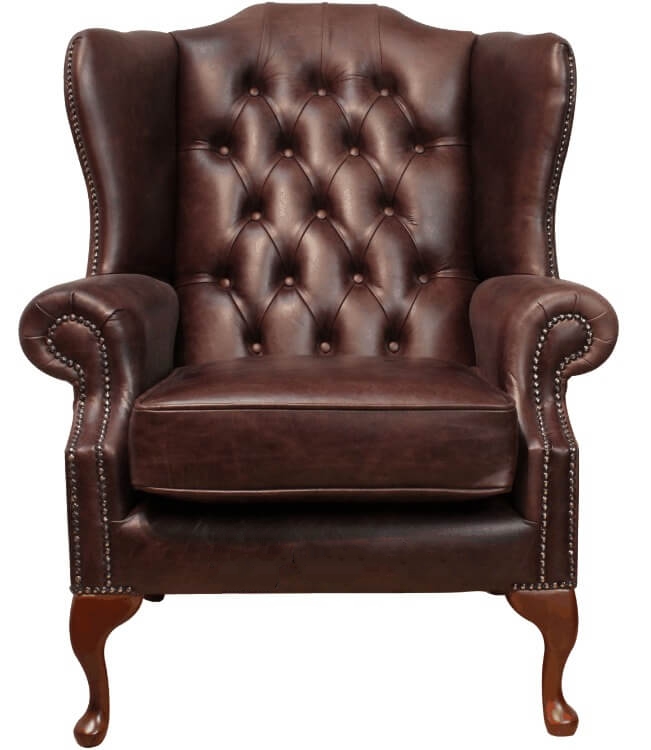 Product photograph of Chesterfield High Back Wing Chair Old English Dark Brown Leather In Mallory Style from Chesterfield Sofas.