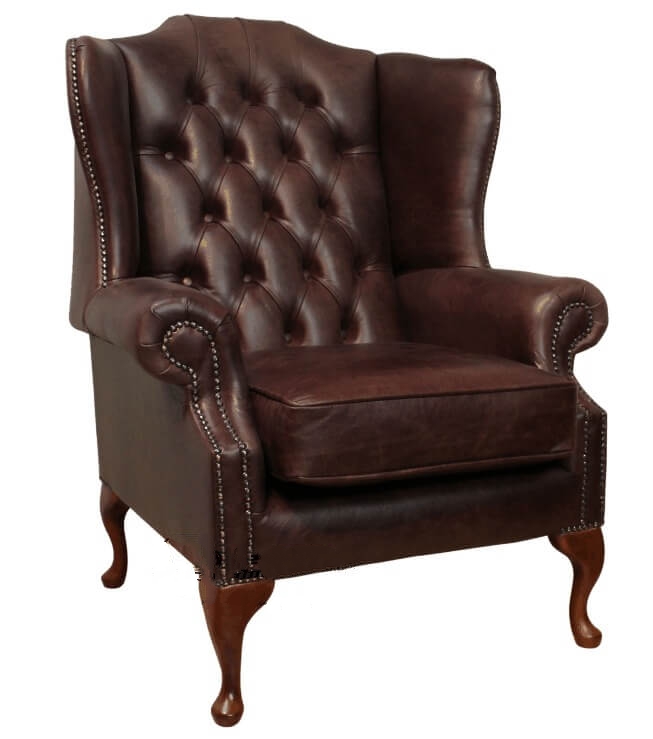 Product photograph of Chesterfield High Back Wing Chair Old English Dark Brown Leather In Mallory Style from Chesterfield Sofas.