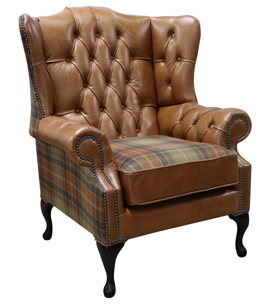 Product photograph of Chesterfield High Back Wing Chair Old English Tan Leather And Vintage Caramel Wool In Mallory Style from Chesterfield Sofas