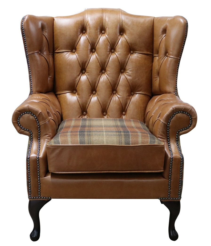Product photograph of Chesterfield High Back Wing Chair Old English Tan Leather And Vintage Caramel Wool In Mallory Style from Chesterfield Sofas.