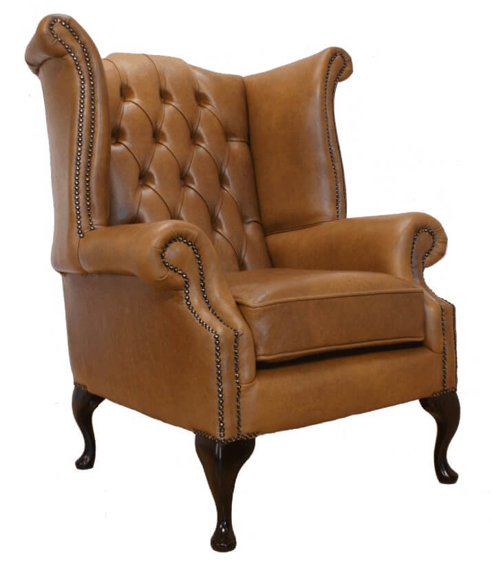 Product photograph of Chesterfield High Back Wing Chair Old English Tan Leather In Queen Anne Style from Chesterfield Sofas.
