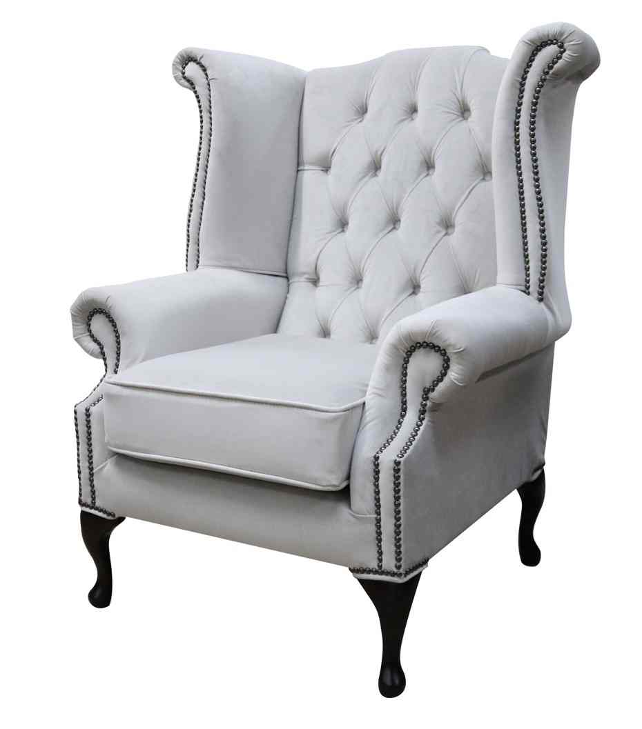 Product photograph of Chesterfield High Back Wing Chair Passion Silver Velvet In Queen Anne Style from Chesterfield Sofas.