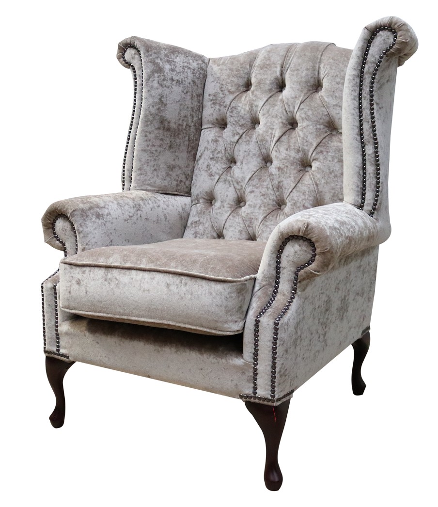 Product photograph of Chesterfield High Back Wing Chair Pastiche Mink Velvet In Queen Anne Style from Chesterfield Sofas.