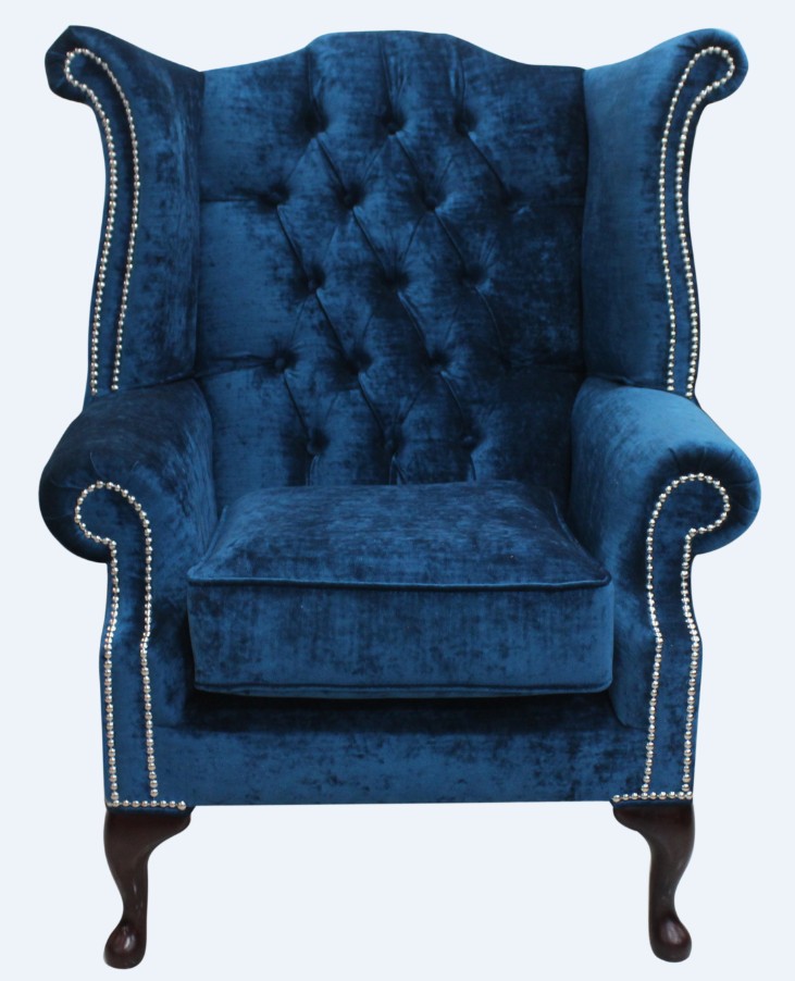 Product photograph of Chesterfield High Back Wing Chair Pastiche Petrol Blue Velvet In Queen Anne Style from Chesterfield Sofas