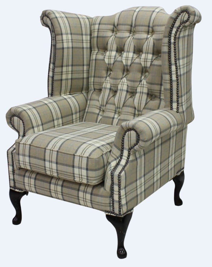 Product photograph of Chesterfield High Back Wing Chair Piazza Square Check Beige Fabric In Queen Anne Style from Chesterfield Sofas.