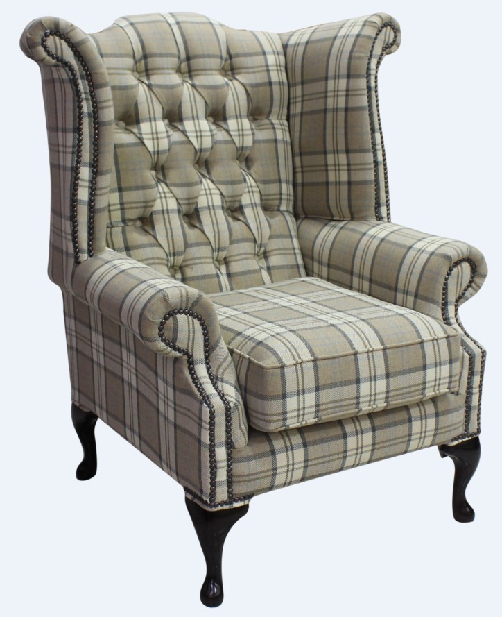 Product photograph of Chesterfield High Back Wing Chair Piazza Square Check Beige Fabric In Queen Anne Style from Chesterfield Sofas