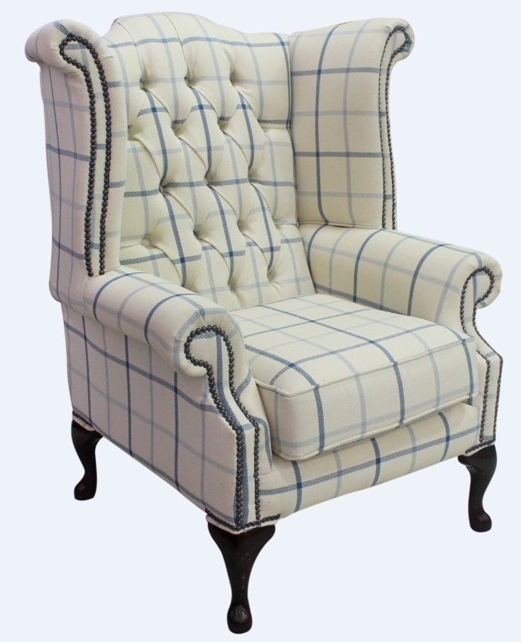 Product photograph of Chesterfield High Back Wing Chair Piazza Square Check Blue Fabric In Queen Anne Style from Chesterfield Sofas