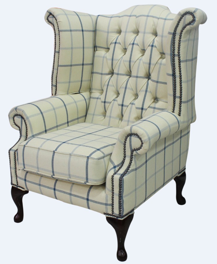 Product photograph of Chesterfield High Back Wing Chair Piazza Square Check Blue Fabric In Queen Anne Style from Chesterfield Sofas.