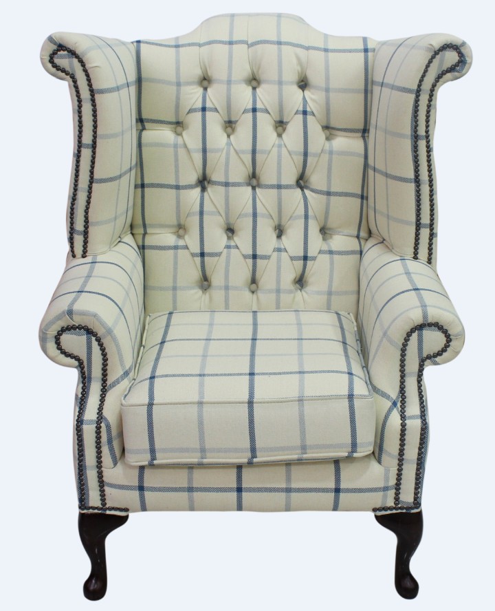 Product photograph of Chesterfield High Back Wing Chair Piazza Square Check Blue Fabric In Queen Anne Style from Chesterfield Sofas.