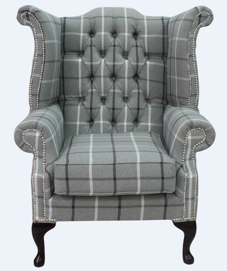 Product photograph of Chesterfield High Back Wing Chair Piazza Square Check Slate Fabric In Queen Anne Style from Chesterfield Sofas.