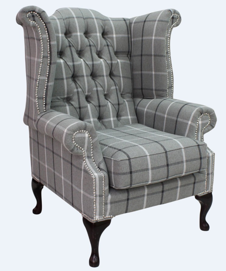 Product photograph of Chesterfield High Back Wing Chair Piazza Square Check Slate Fabric In Queen Anne Style from Chesterfield Sofas