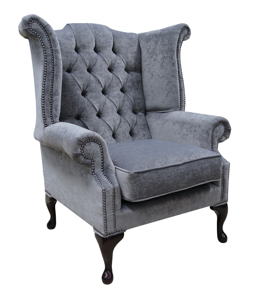 Product photograph of Chesterfield High Back Wing Chair Pimlico Carbon Grey Real Fabric Bespoke In Queen Anne Style from Chesterfield Sofas