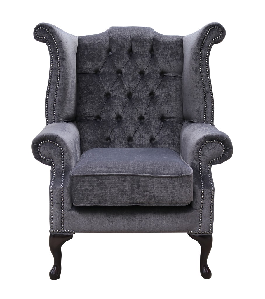 Product photograph of Chesterfield High Back Wing Chair Pimlico Charcoal Fabric In Queen Anne Style from Chesterfield Sofas.