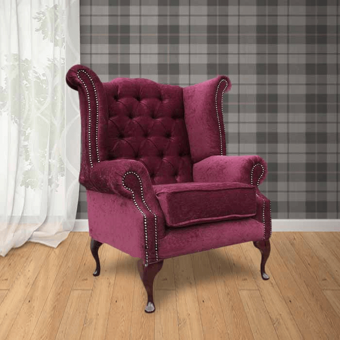 Product photograph of Chesterfield High Back Wing Chair Pimlico Damson Fabric In Queen Anne Style from Chesterfield Sofas
