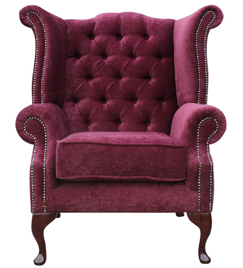 Product photograph of Chesterfield High Back Wing Chair Pimlico Damson Fabric In Queen Anne Style from Chesterfield Sofas.