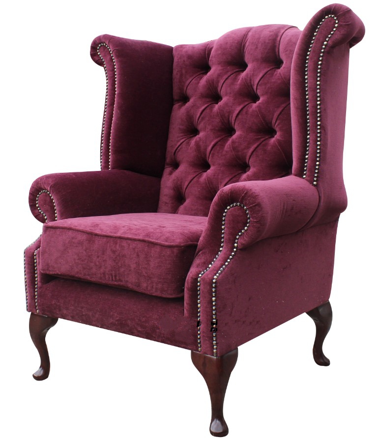 Product photograph of Chesterfield High Back Wing Chair Pimlico Damson Fabric In Queen Anne Style from Chesterfield Sofas.