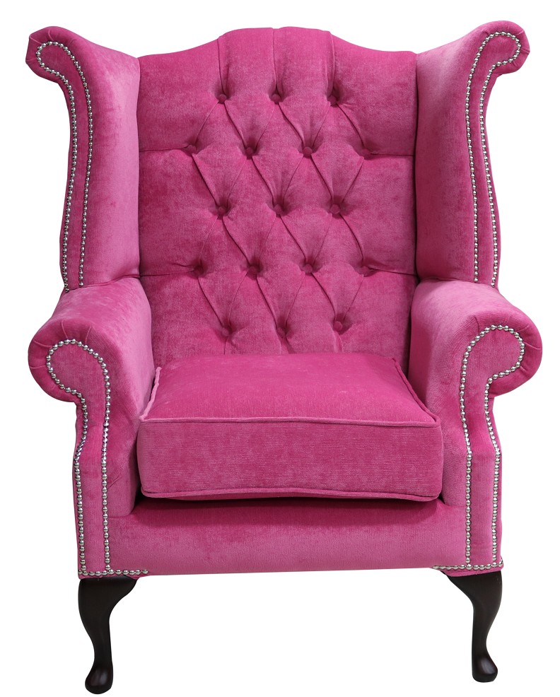 Product photograph of Chesterfield High Back Wing Chair Pimlico Fuchsia Pink Fabric In Queen Anne Style from Chesterfield Sofas.