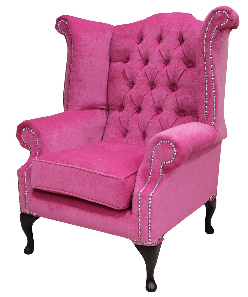 Product photograph of Chesterfield High Back Wing Chair Pimlico Fuchsia Pink Fabric In Queen Anne Style from Chesterfield Sofas.